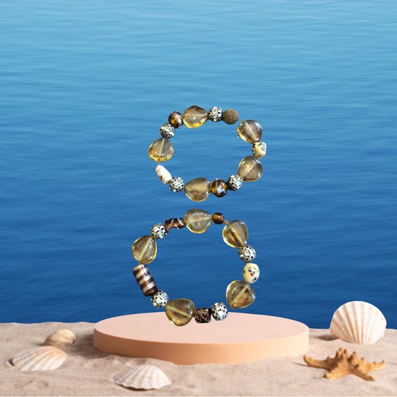 Boho Amber/Brown/Silver Chunky Beaded Stretch Bracelet - Picture 15 of 15